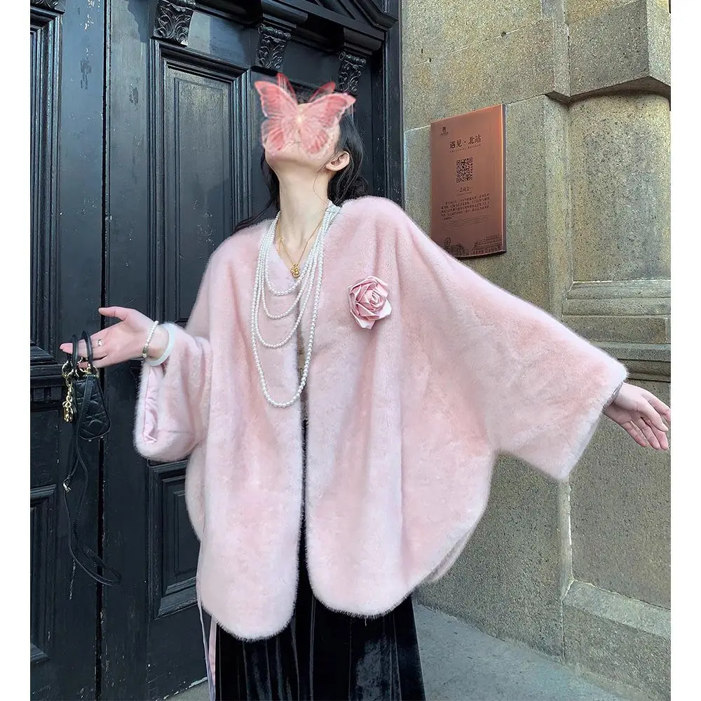 

Зимнее женское элегантное пальто из искусственной норки 2025 года, экологически чистая свободная верхняя одежда в милом стиле