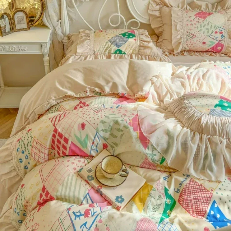 French Bedroom Classical Cream Style Bedding Four Piece Set Lotus Leaf Lace Duvet Cover Pure Cotton Bed Skirt Style Bedding