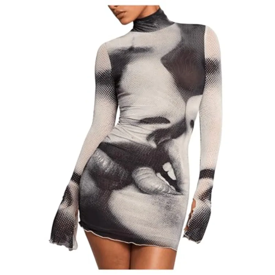 

GORGLITTER Women's Mesh Y2K Rave Vegas Going Out Dress Outfits Long Sleeve Club Turtleneck Neck Newspaper Mini Dresses