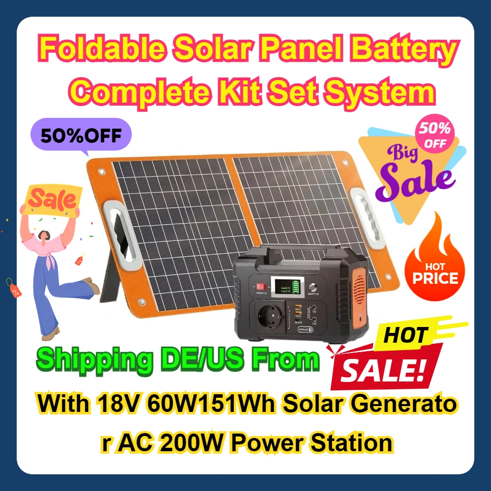 

Foldable Solar Panel Battery Complete Kit Set System E200 with18V 60W151Wh Solar Generator AC 200W Power Station