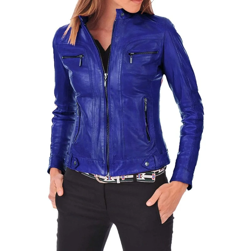 Women Blue Authentic NAPA Natural Leather Jacket Front Zip Up Pockets Coat