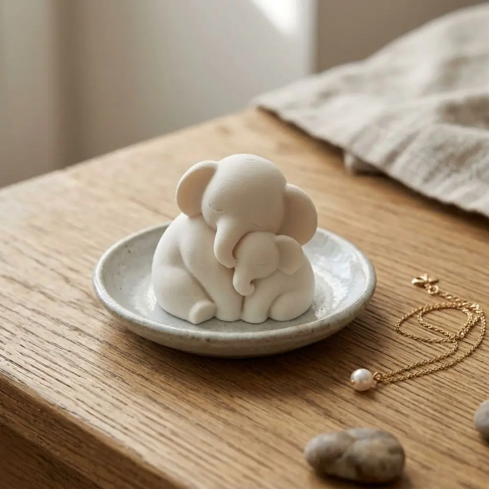 3D Printed Mother Baby Elephant Statue Cute Animal Motherly Love Theme Sitting Elephant Figurine Minimalist Plastic