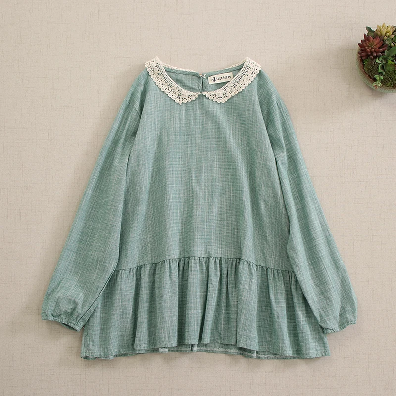 Sweet Mori Girl Kawaii Peter Pan Collar Loose Shirts Women Spring New Long Sleeve Casual Blouse Tops