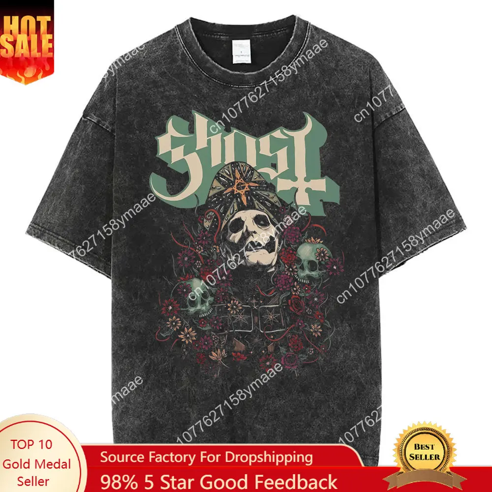 

Ghost Band Graphic Tshirt Washed Vintage Skeleton Rock Oversized Print T Shirts Men Women 90s Classic Gothic Punk Metal T-shirt