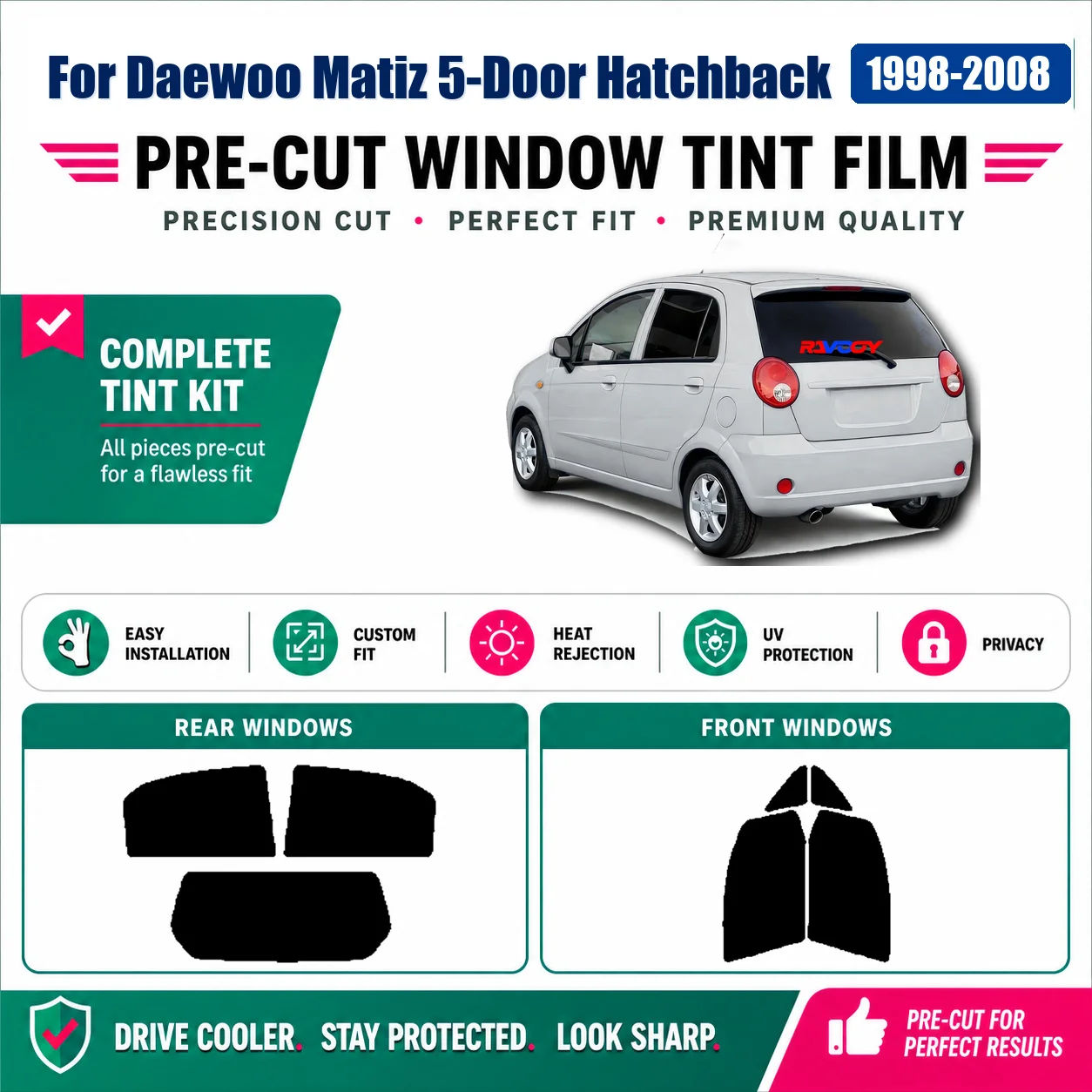 For Daewoo Matiz 5-Door Hatchback 1998-2008 Window Tint Film Front Window Rear Window Vehicle Sun Shade