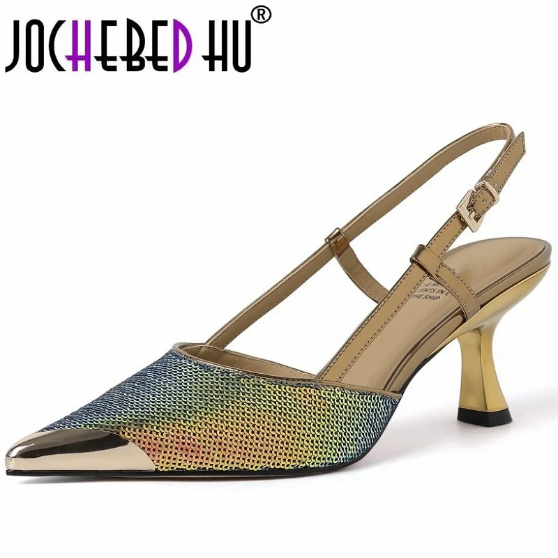 

【JOCHEBED HU】Sexy Brand Pointed Toe Women Sandals Thin High Heels Slingback Pumps Fashion Office Party Shoes 33-40