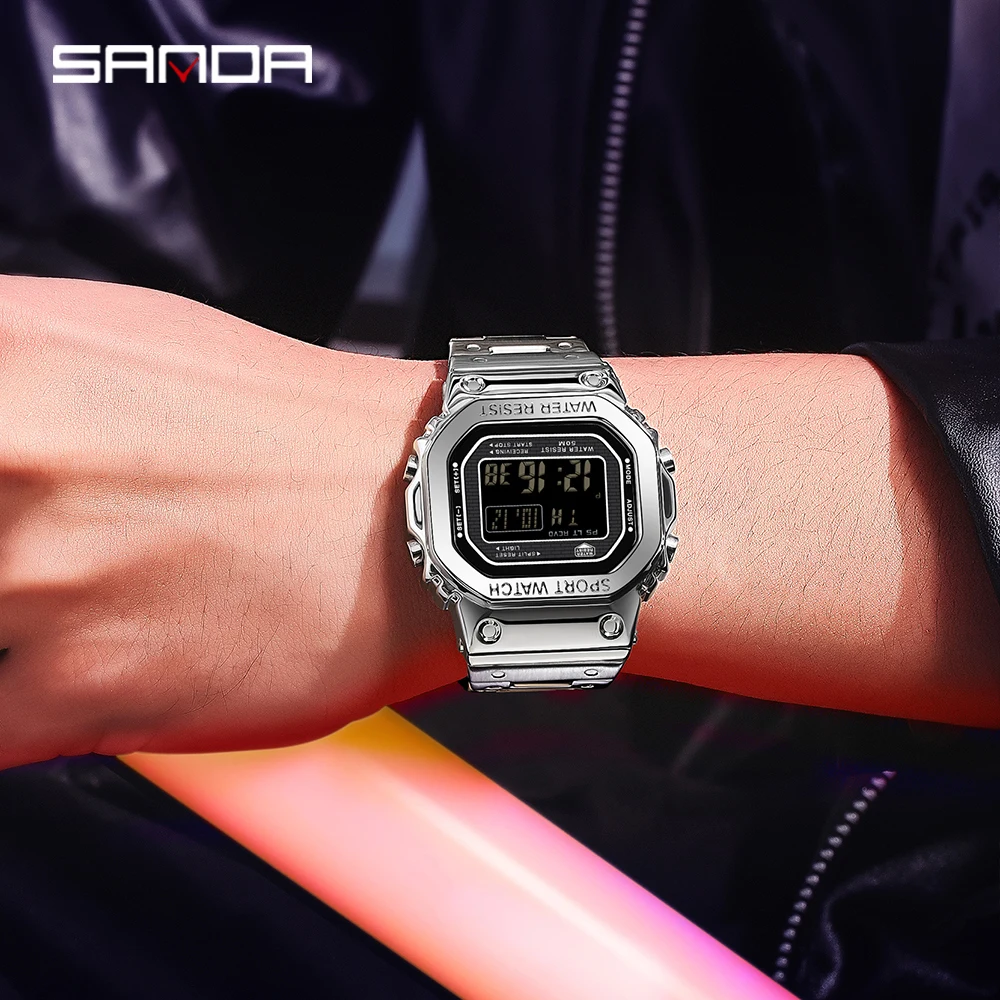 SANDA 2162 Mode Vierkant Heren Elektronisch Horloge Sport Multifunctioneel Waterdicht LED Countdown Heren Elektronisch Horloge Alarm