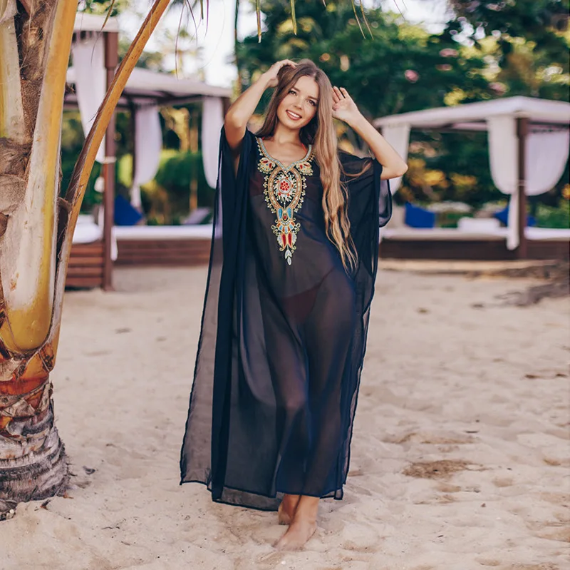 Bordado feminino Chiffon Swimwear, Kaftans turcos, Encobrir maiô, Vestido Longo Praia Caftan