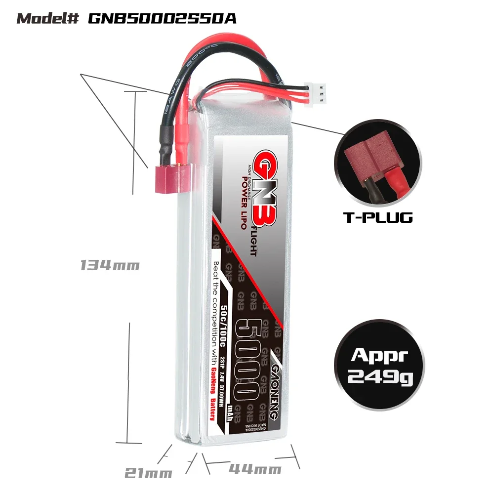 GAONENG GNB 5000mAh 2S 50C 100C 7.4V DEANS LiPo Battery 1/10 and 1/8 scale RC Hobby Models Electric RC Devices RC Boat