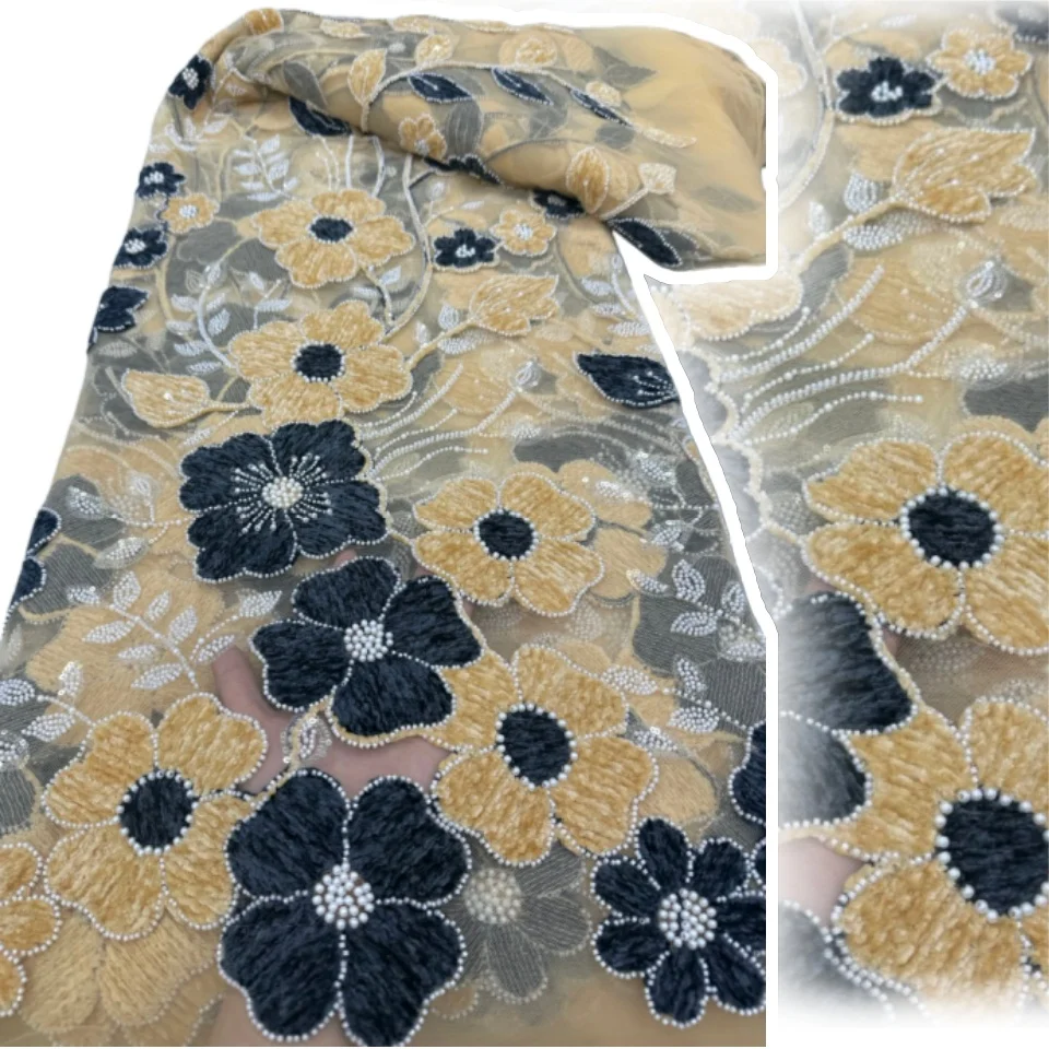 

Африканская кружевная ткань 2025 г., высокое качество, 5 ярдов, нигерийская элегантная 3D вышитая цветочная кружевная ткань с бисером для праздничного платья AH1743