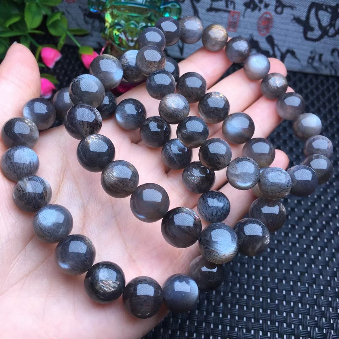 

Natural Black Sunstone Quartz Black Moonstone Beads Bracelet Cat Eye Women Men Stone 8mm 9mm 10mm 11mmm AAAAA