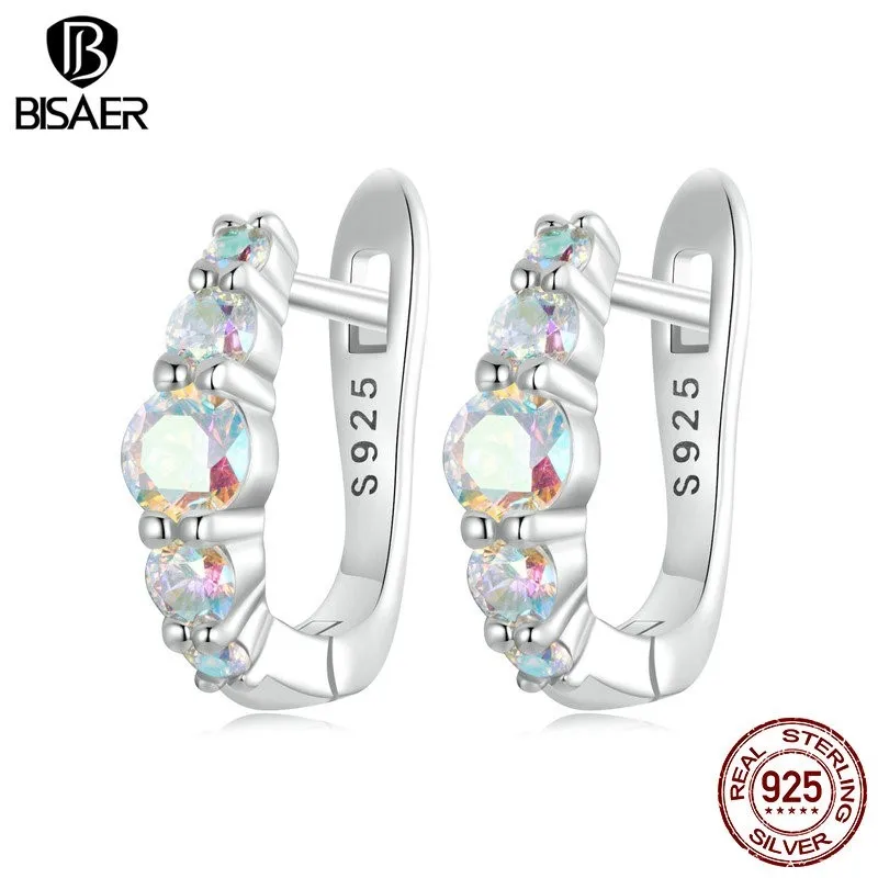 BISAER 925 Sterling Silver Rainbow Zircon Buckles For Elegant Woman Dream Hoop Earrings Plated Platinum Fine Jewelry EFE960