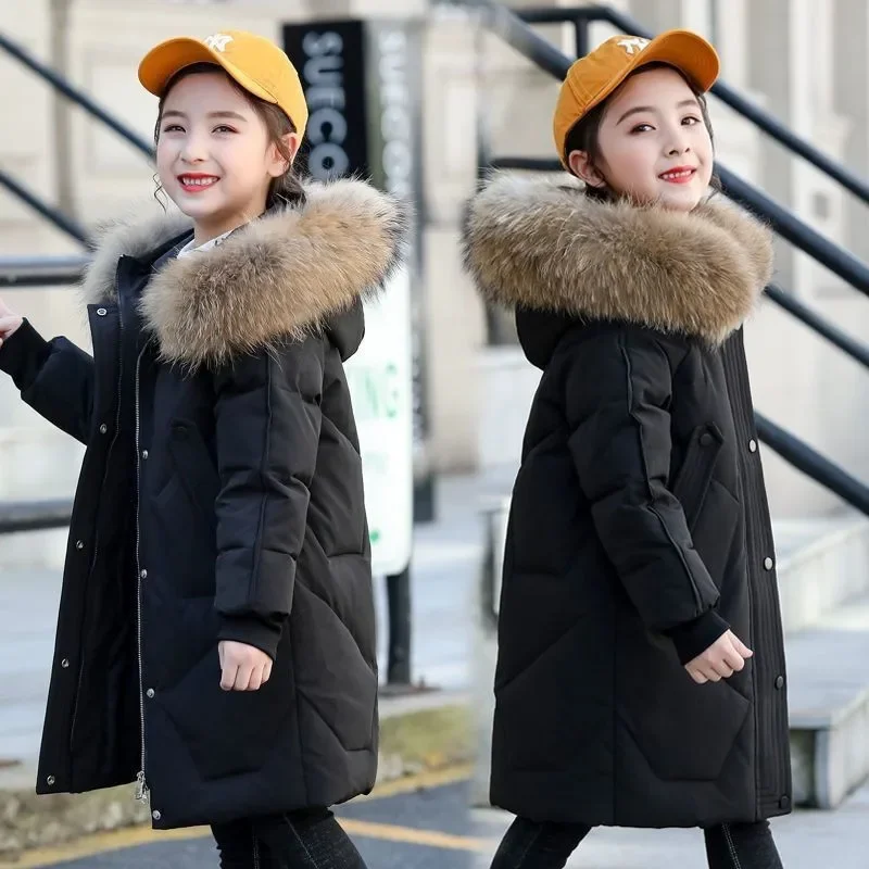 

5-12 Years Girls Fur Collar Long Down Cotton Jacket Winter Keep Warm Coat Hooded Zipper Outerwear Christmas Kid Teenager Clothes