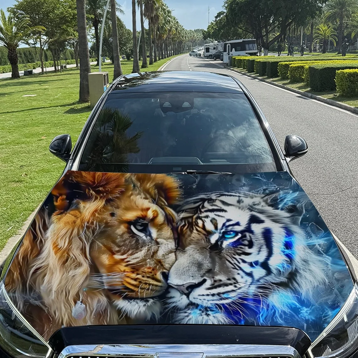 

Vibrant lion and tiger design on car hood, featuring bold colors and dynamic energy. Perfect for animal lovers!
