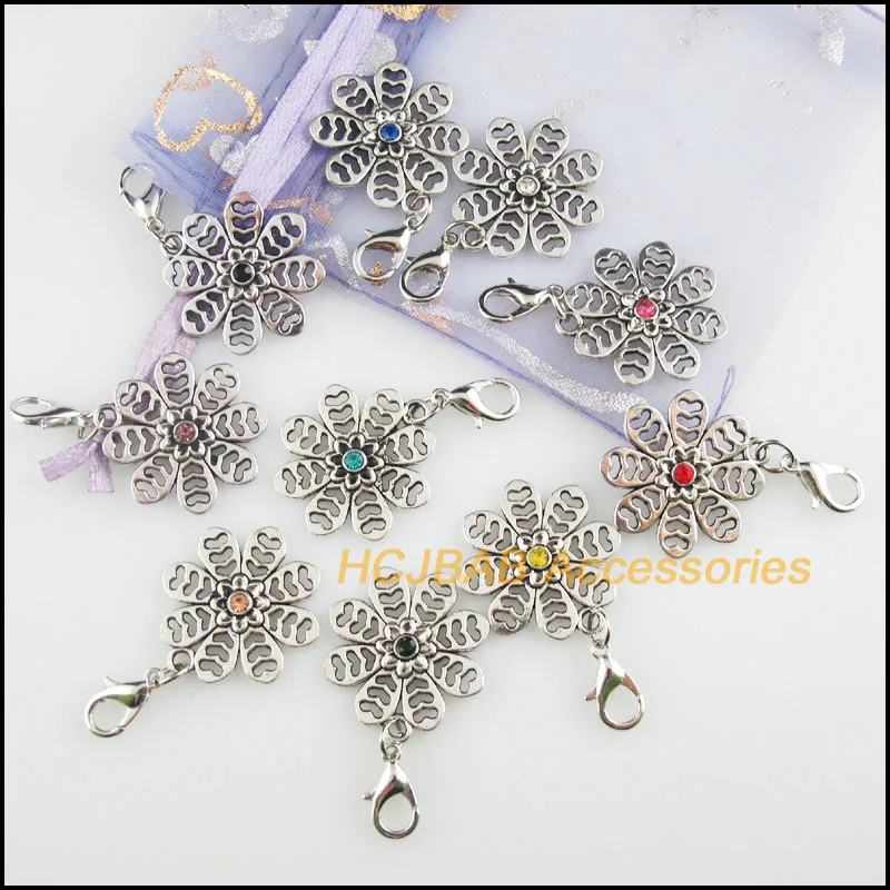 10Pcs Tibetan Silver Plated Snowflake Retro Mixed Round Crystal 21x23mm With Lobster Claw Clasps Charms