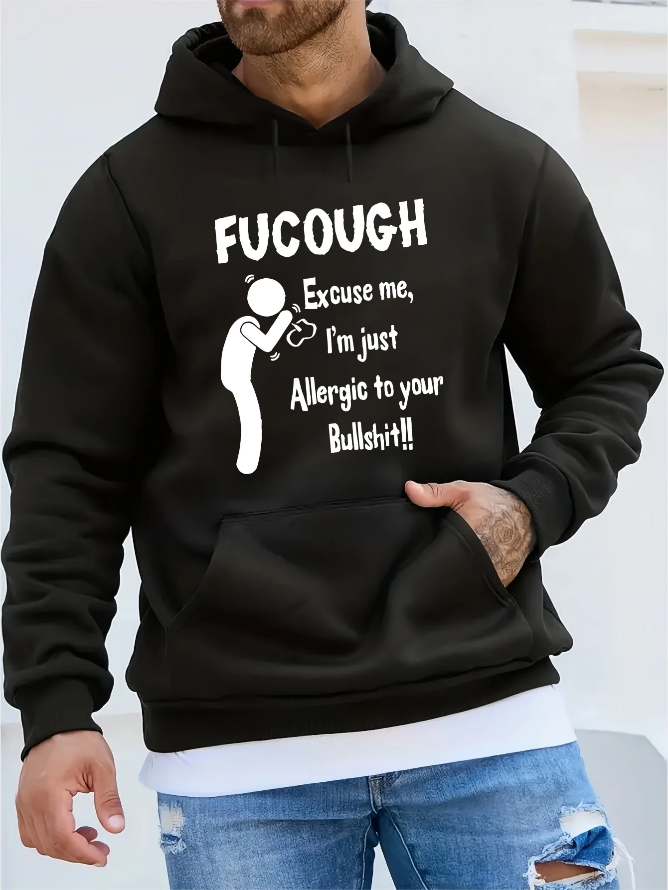 

Мужская флисовая толстовка Fucough — забавный слоган, карман-кенгуру, зимняя уличная одежда