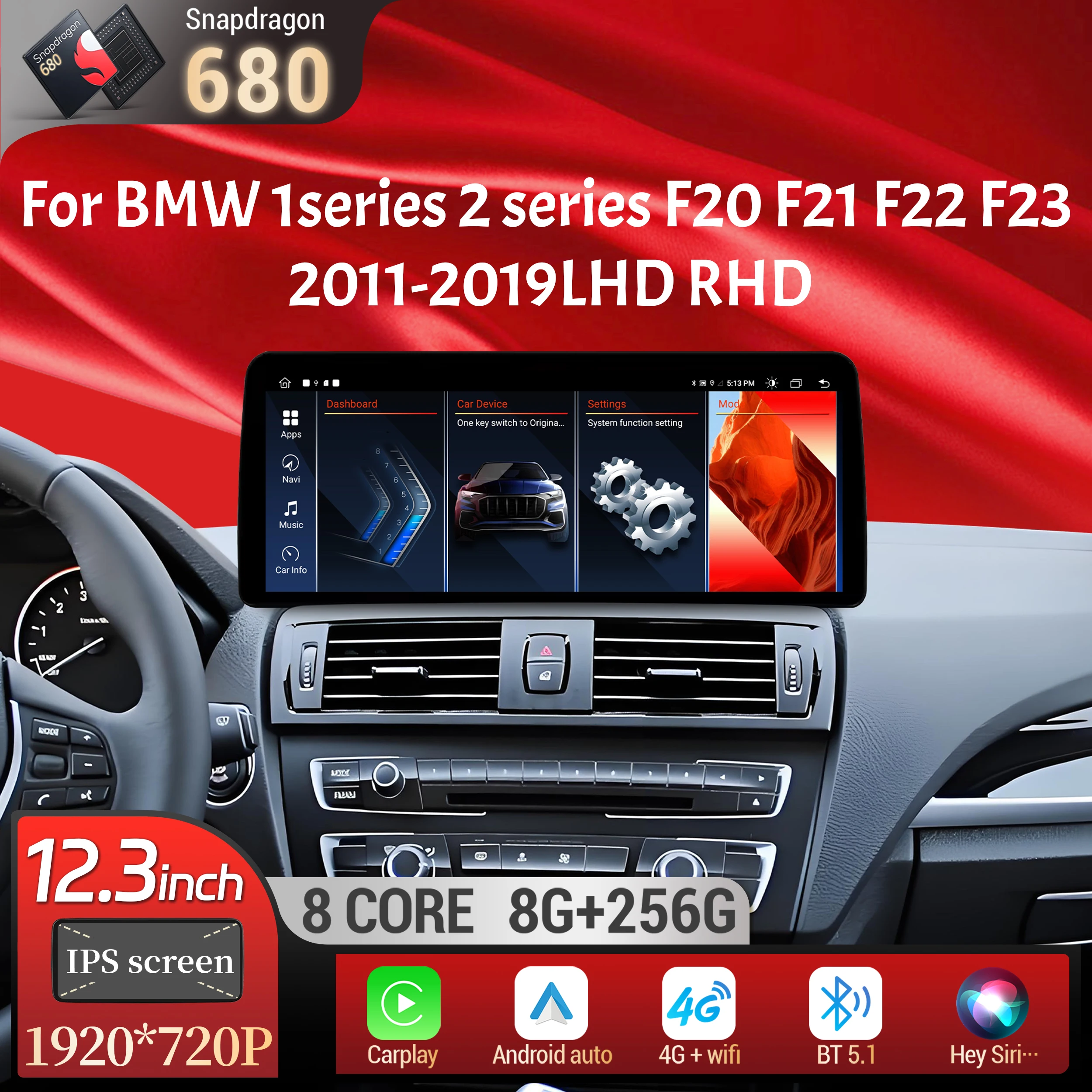 

12.3 inch Android 13 For BMW 1 series 2 series F20 F21 F22 F23 2011-2019 Car Radio 4G GPS Wireless Carplay Snapdragon 680 Screen