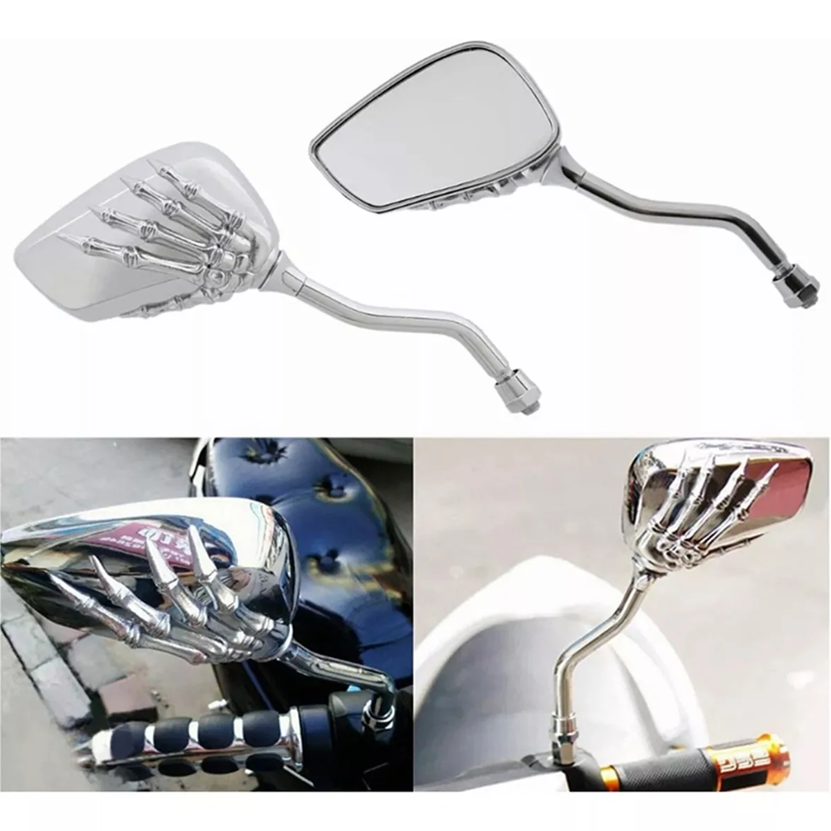 1 pair of silver universal motorcycle rearview mirrors, skull shape, universal 8mm/10mm, suitable for installation and use on mo