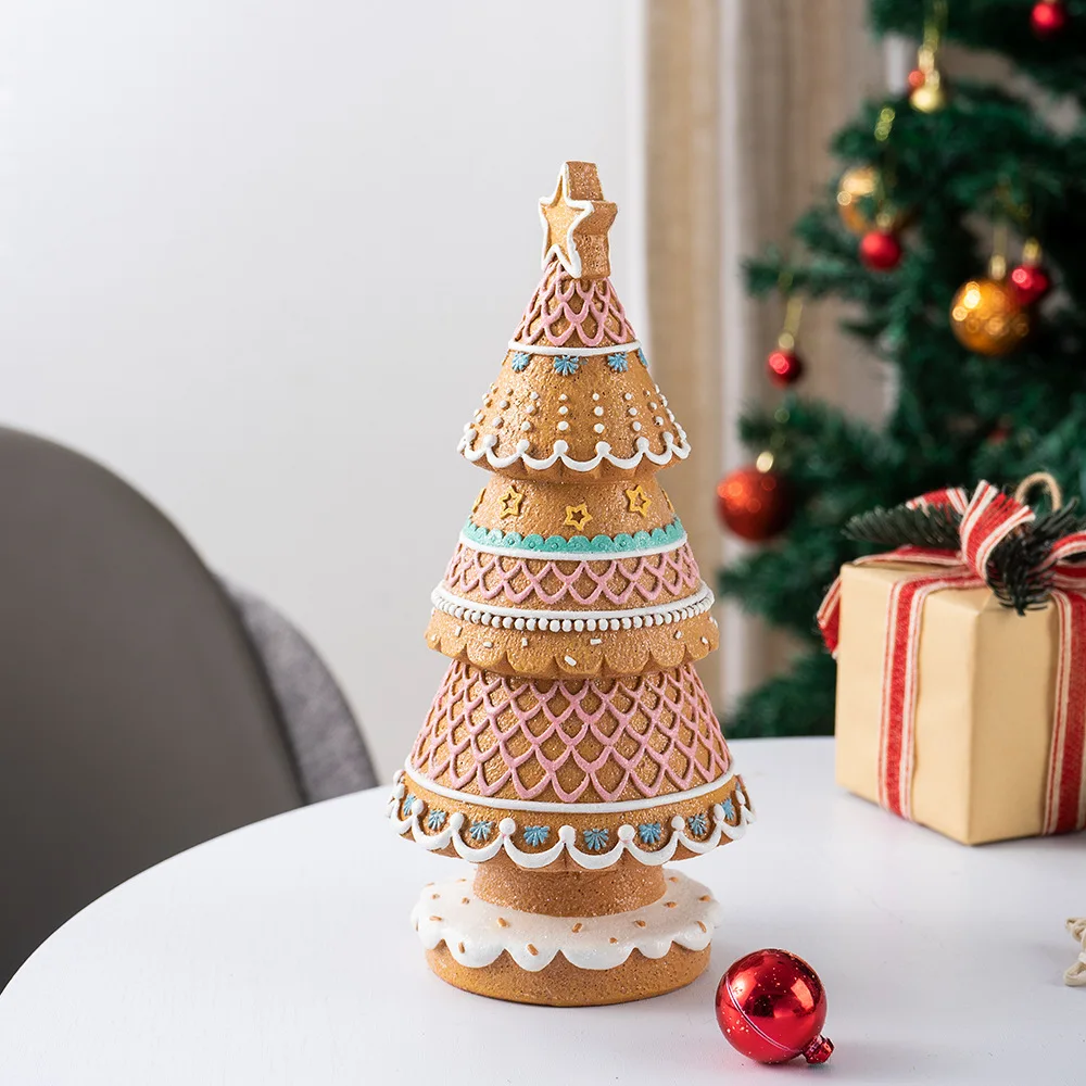 Mini Resin Christmas Tree Ornament Creative Gingerbread Christmas Tree Statue Desktop Crafts Home Christmas Scene Decor Gifts