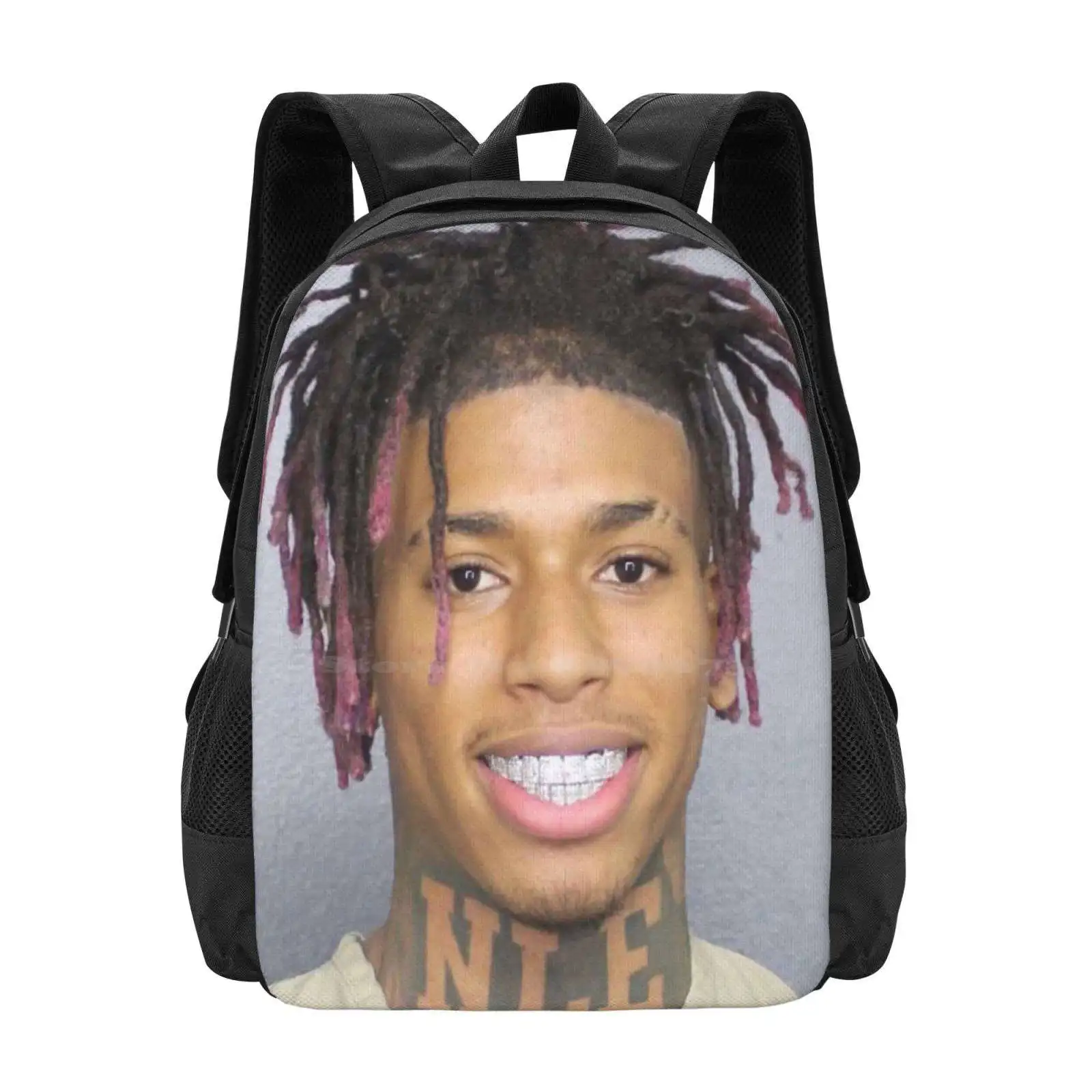 Nle Choppa Smiling Mugshot Teen College Student Backpack Pattern Design Bags Nle Choppa Shotta Flow First Day Out Beat Box Blue