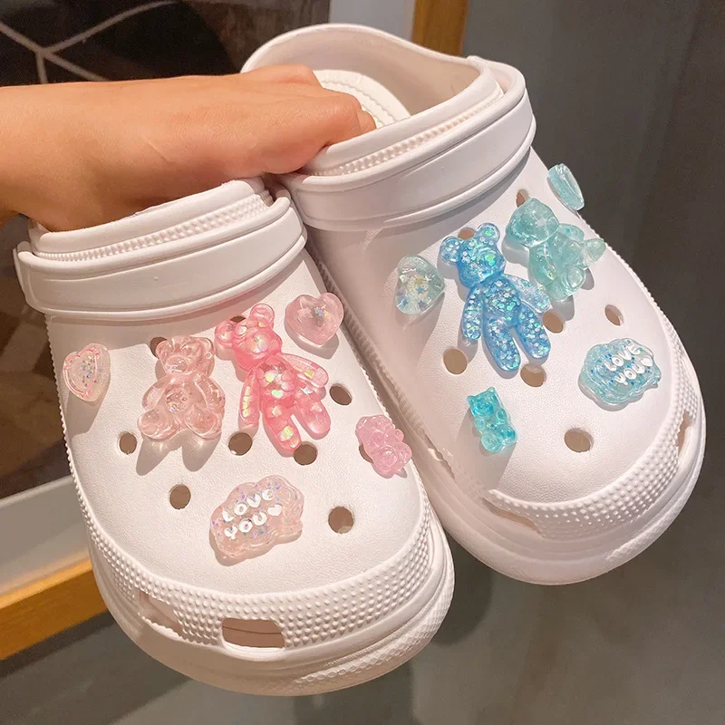 New 12pcs/set Glitter Love Bear Novelty Cute Hole Shoes Charms PVC Shoe Decorations Sneakers Slippers Accessories Kid Girl Gift