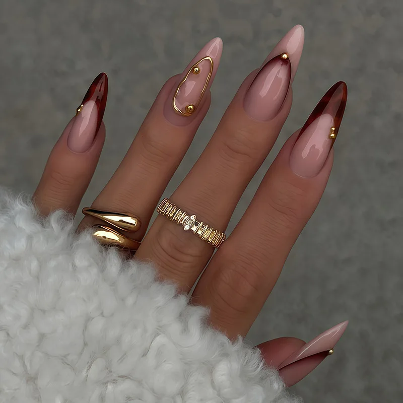 

24Pcs Brown French Leopard Print Press on Fake Nails with Gilded Design Reusable False Nails Long Stiletto Full Cover Nails Tips