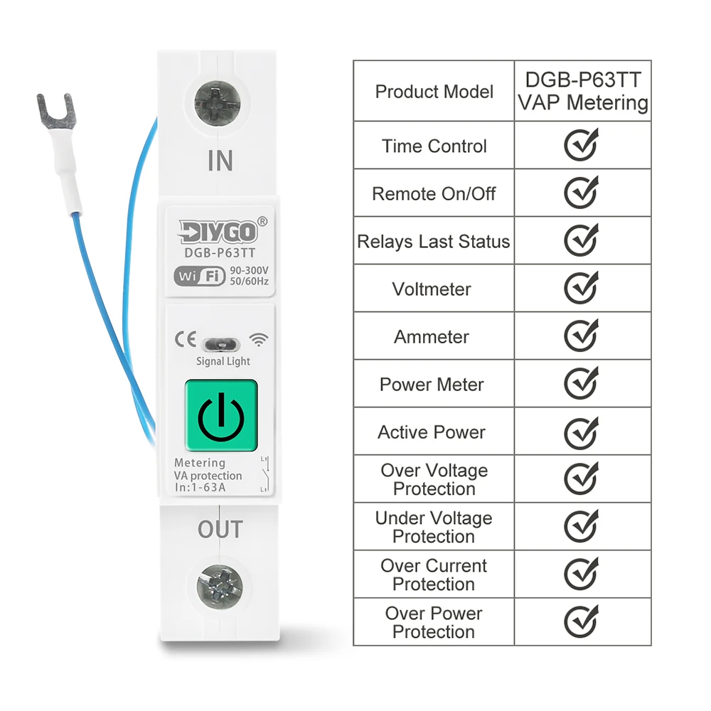 1P/2P WIFI Circuit Breaker Remote Control Monitoring Smart Switch Overload Over Voltage Current Protective Device Adjustable