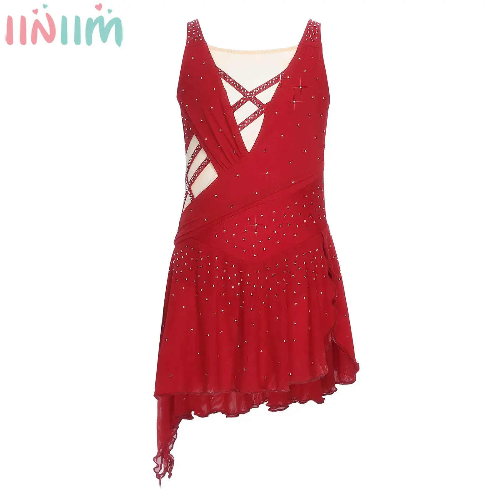 Kids Girls Shiny Rhinestones Figure Skating Dress Sleeveless Sheer Mesh Lyrical Dance Ballet Gymnastics Acrobatics Leotard Tutu