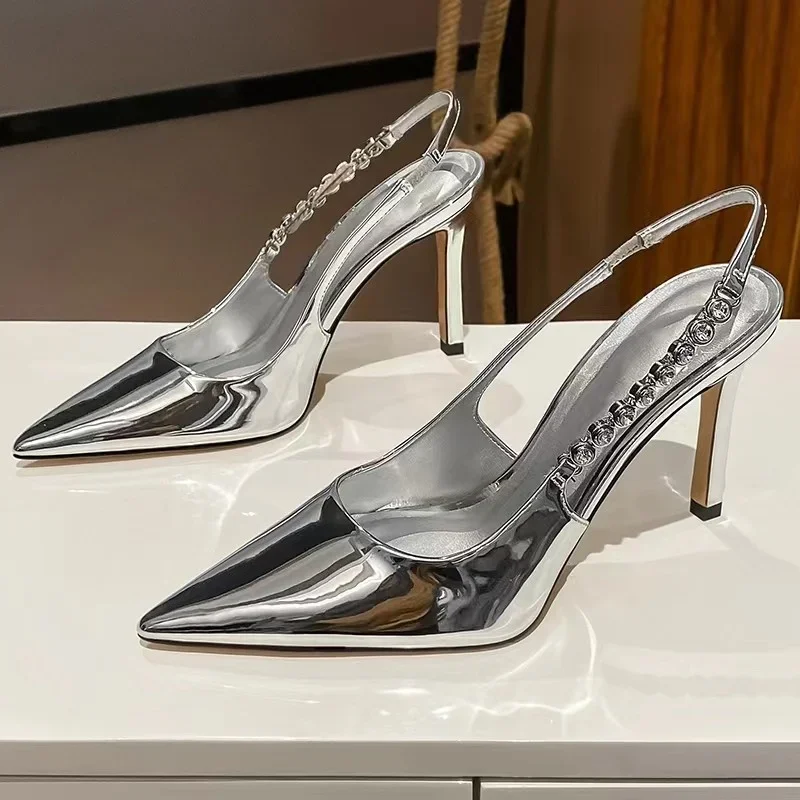 Tacchi alti lucidi Slingback argento donna décolleté sandali in cristallo metallico punta a punta scarpe con tacco a spillo scarpe eleganti da festa