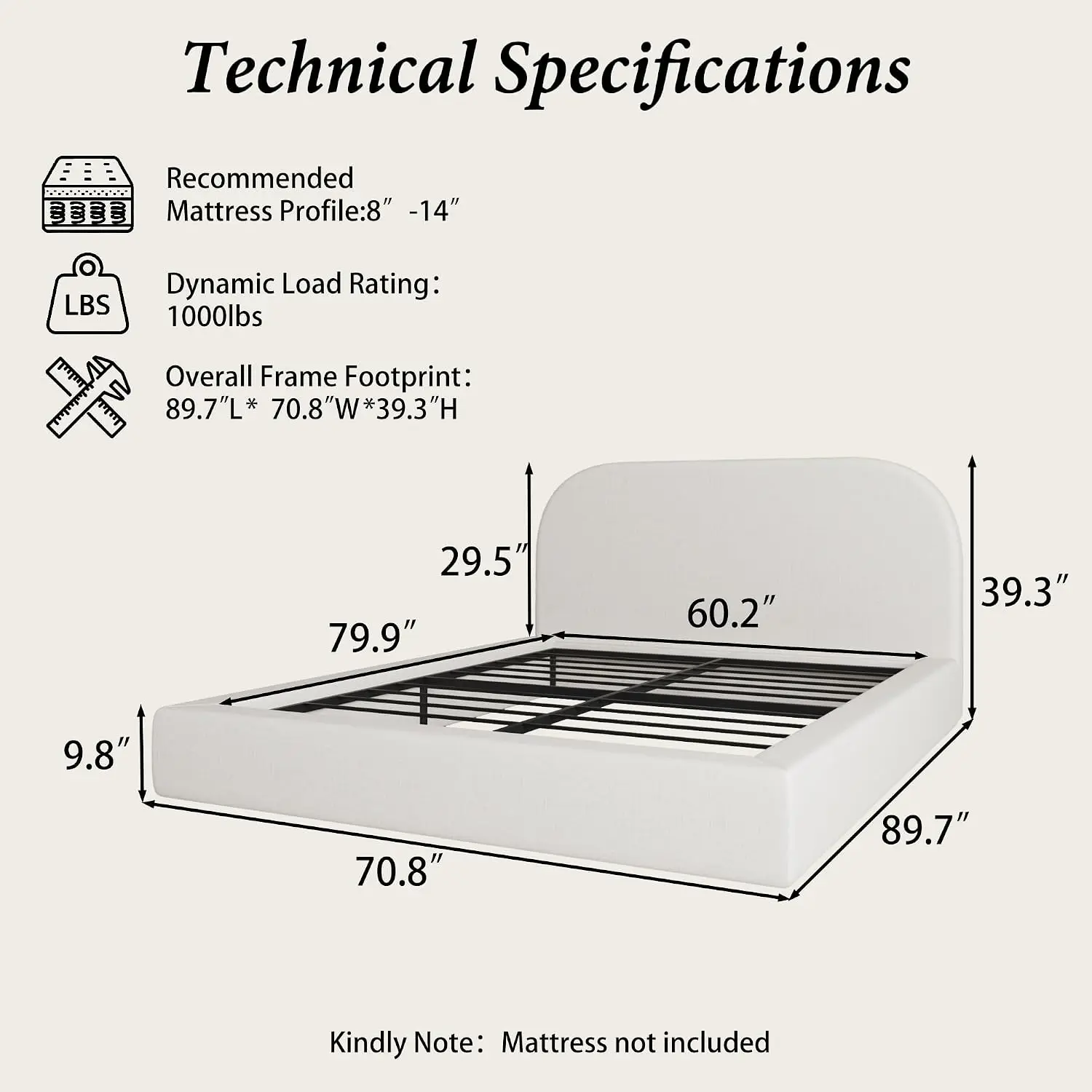 Queen Cloud Bed Frame with Upholstered Curved Headboard, Cream | Anti-Collision Soft Sponge Cushion, Easy Assembly,, Customized