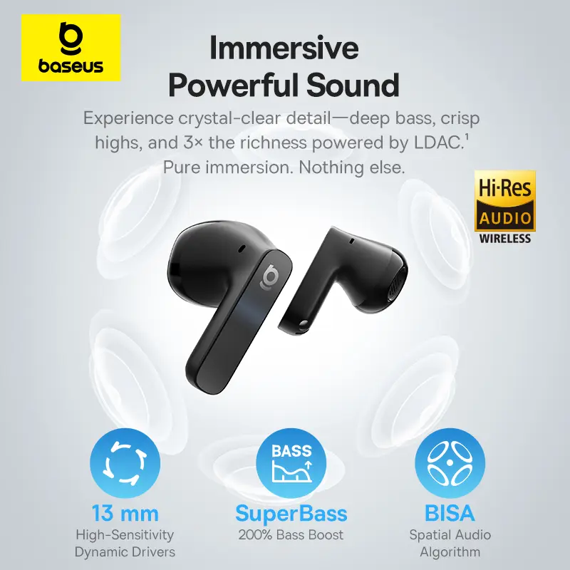 سماعات أذن لاسلكية بيسوس باس BS1 NC -40dB تكيف في الوقت الفعلي ANC بلوتوث 6.0 سماعات أذن شبه مفتوحة LDAC صوت عالي الدقة 6 ميكروفون AI ENC - 4