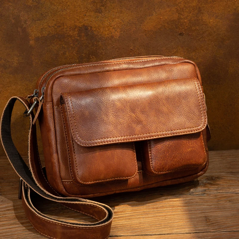 Retro leather messenger bag horizontal men\'s baotou leather shoulder bag commuter casual small bag art messenger bag