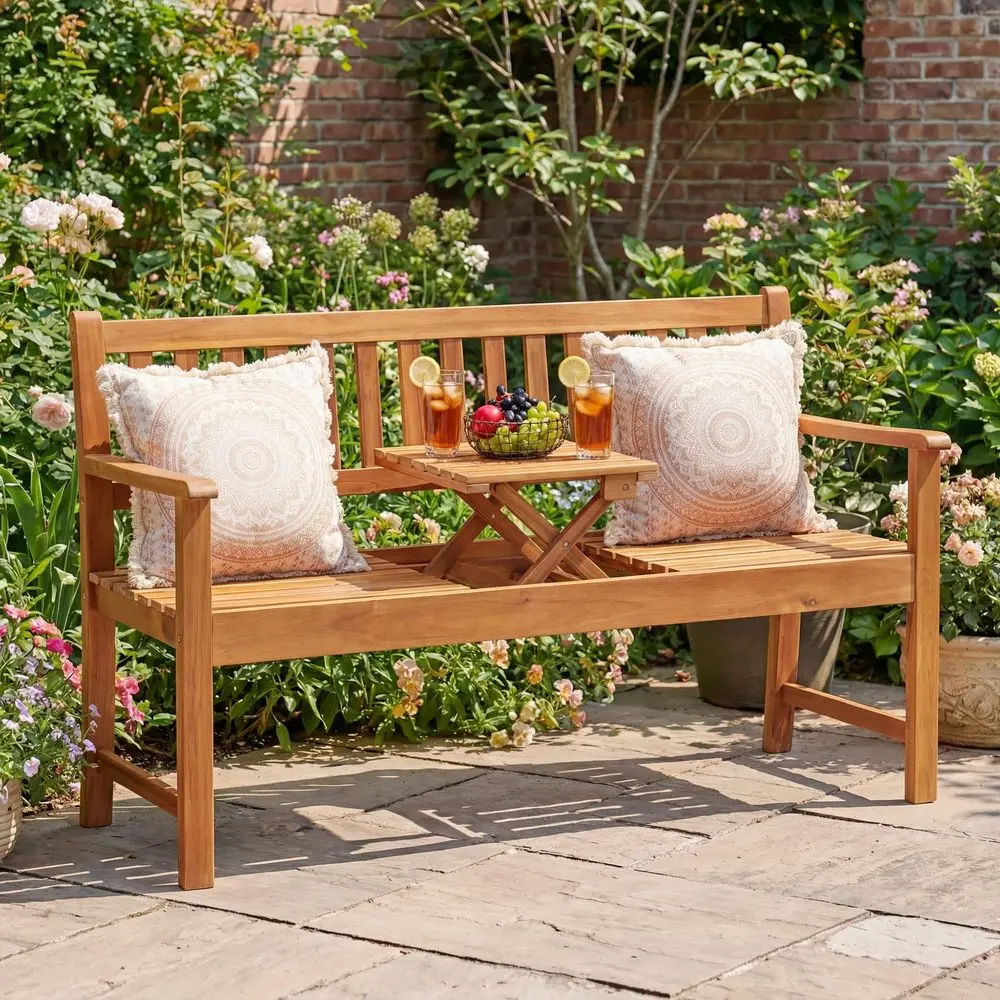 

Outdoor Bench, 2Person Garden Bench, Patio Wood Bench Outdoor Loveseat with PullOut Center Table for Backyard, Balcony and Pati