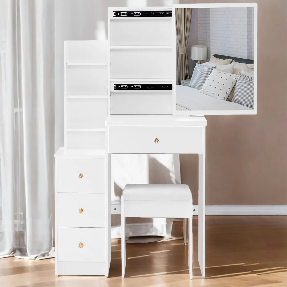 

Small Size Left Bedside Cabinet Vanity Table + Cushioned Stool, Extra Large Sliding Mirror, Multi Layer, High Capacity Storage F