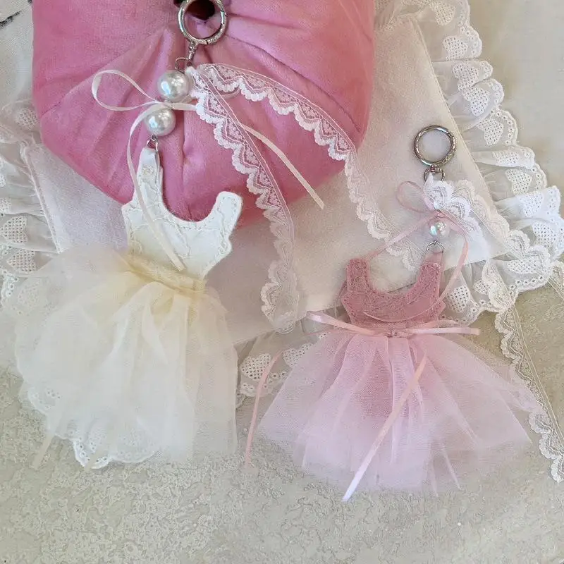 Cute Ballet Dress Shaped Keychain With Lace Tulle Skirt And Faux Pearl Decor Perfect For Bag Pendant Gift For Ballet Lovers Tee
