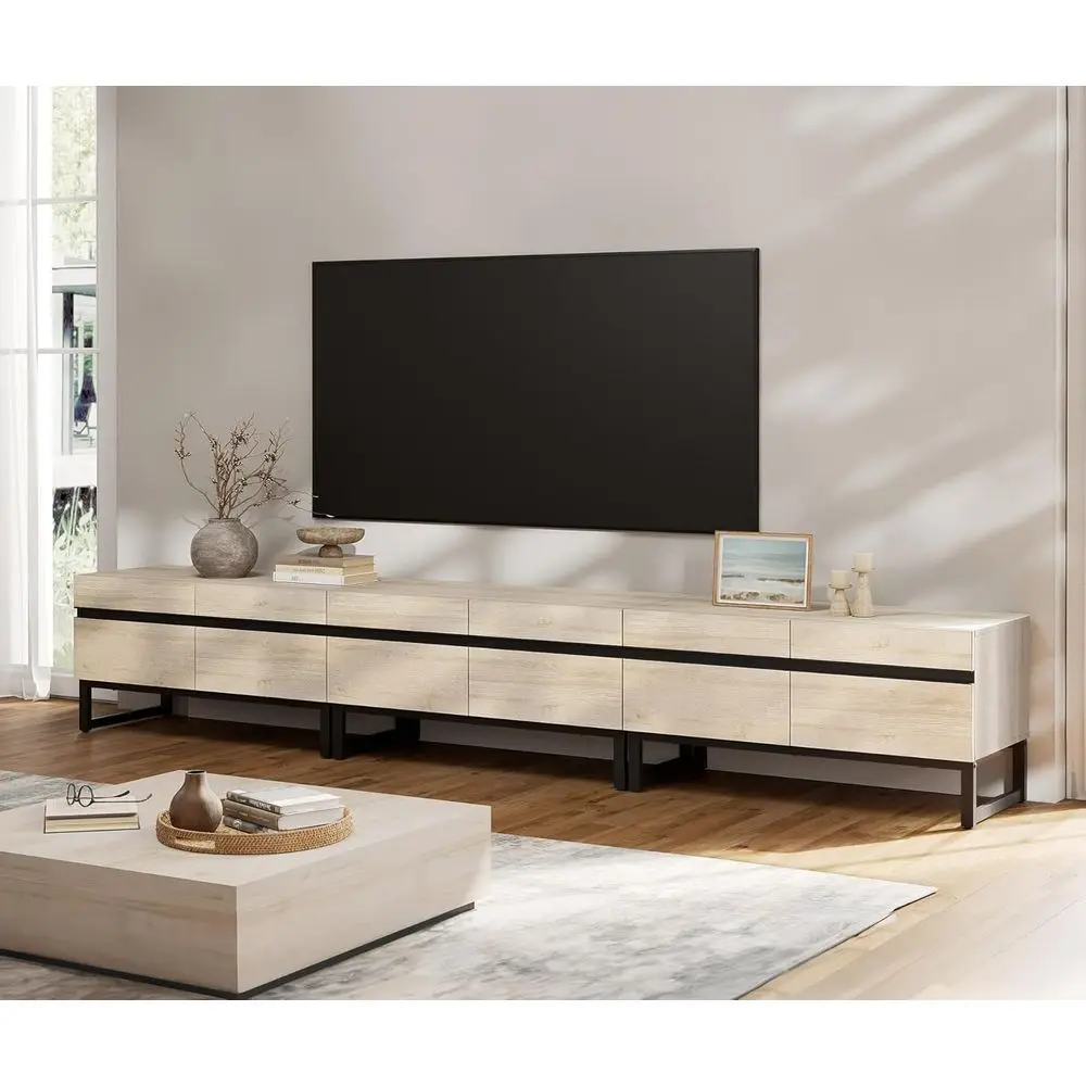 ern TV Stand or 32-110 Inch TVs, Wood Entertainment Center with Metal Base Storage Cabi, Media TV ole or Living Room, Light Oak,