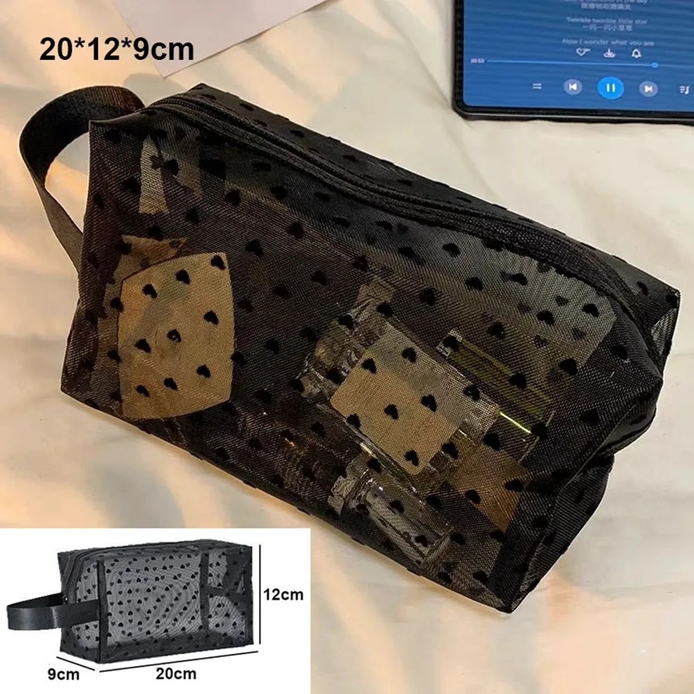 

Прозрачная сетчатая косметичка в форме сердца, черная/розовая многофункциональная женская косметичка для хранения, портативная женская сумка для хранения туалетных принадлежностей