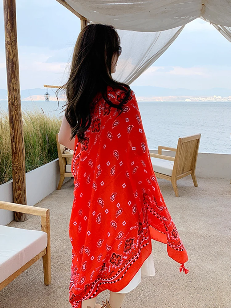 Summer Elegant Women Silk Scarf Beach Long Wrap Shawl Vintage Red Print Lady Sunscreen Bandana Hijab Mujer Bohemian Scarve Pareo