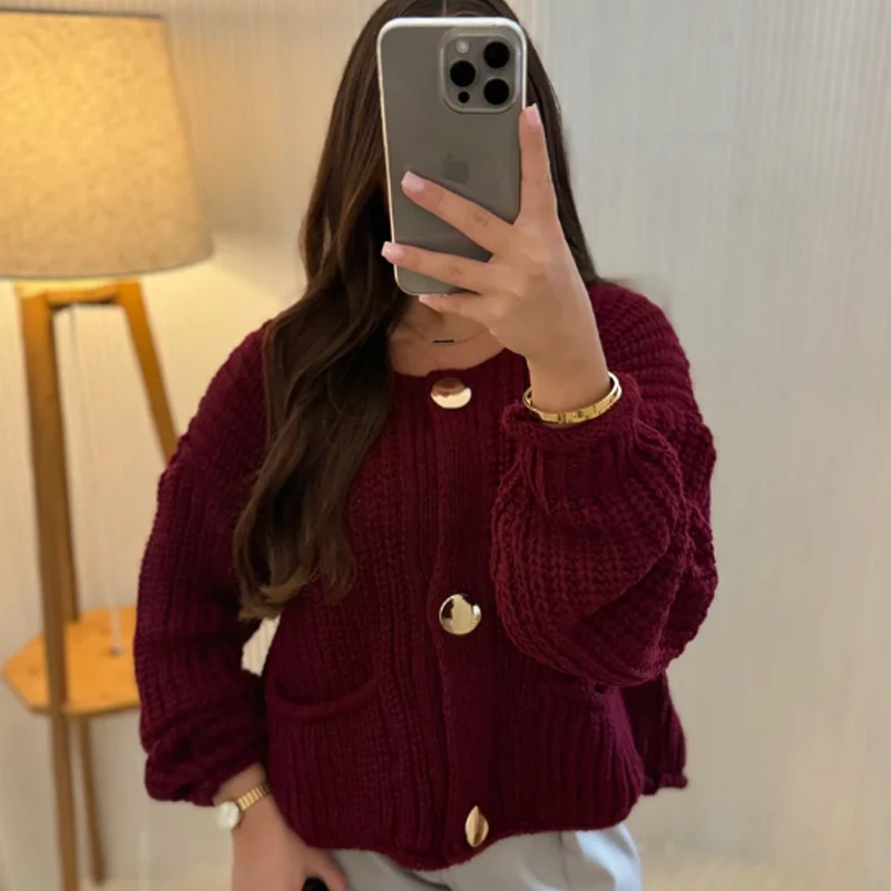 HXAO 2024 Woman Burgundy Crochet Cardigan For Women Autumn Cropped Knit Outerwears Loose O-Neck Long Sleeve Top Women Knitwears