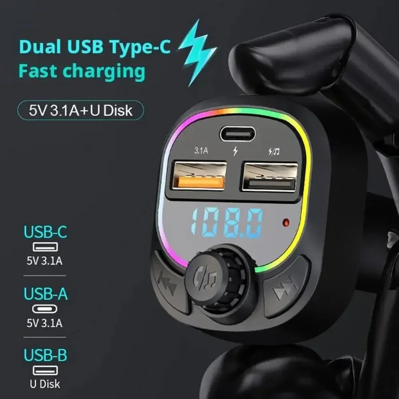 Car Charger Bluetooth 5.4 FM Transmitter PD Type-C Dual USB Ambient Player MP3 Charger Type-C Wireless Light Handsfree