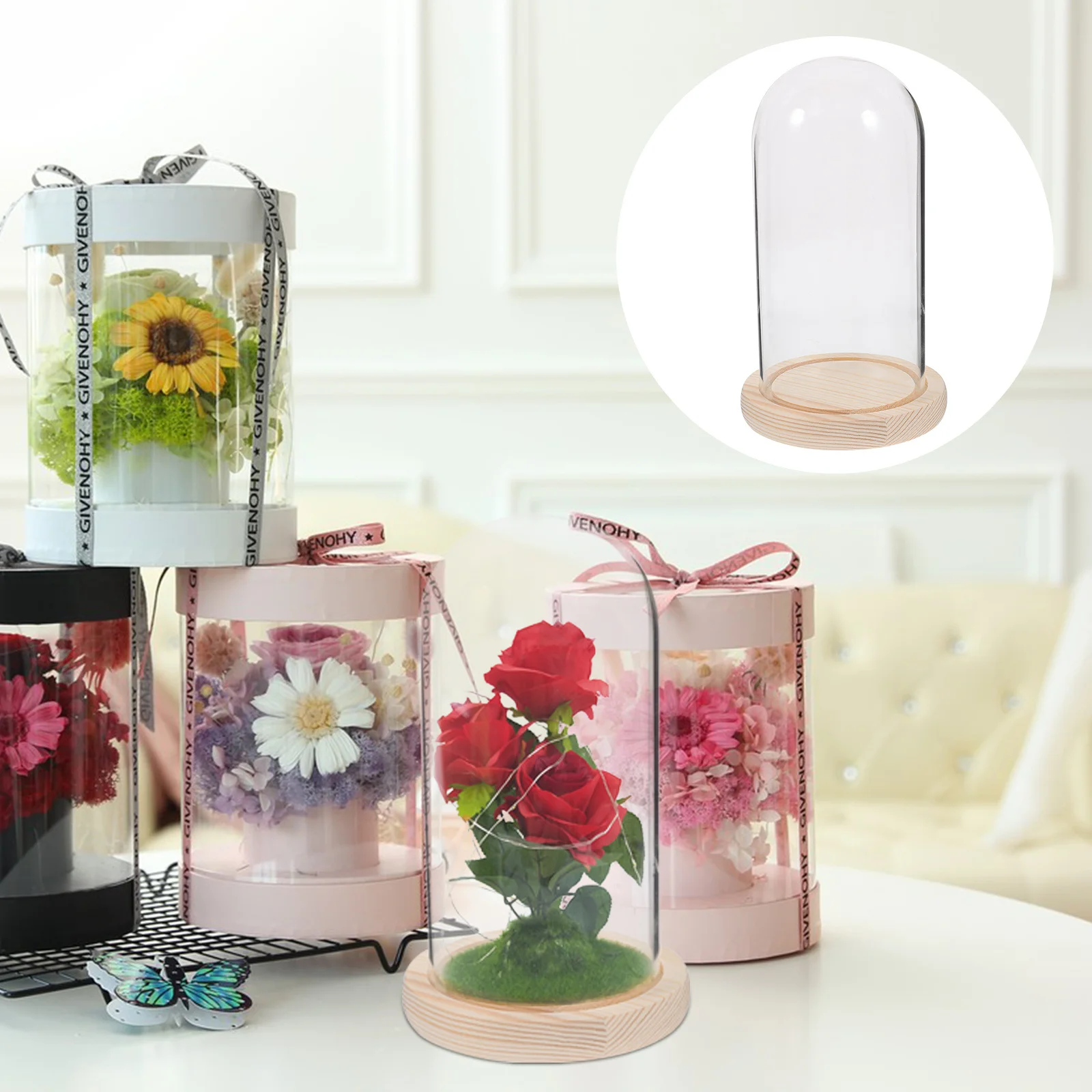

Clear Display Case With Wooden Base Cover Preserved Flowers Mini Landscape Cloche Dome For Home Decor Glass Cloche Display Case