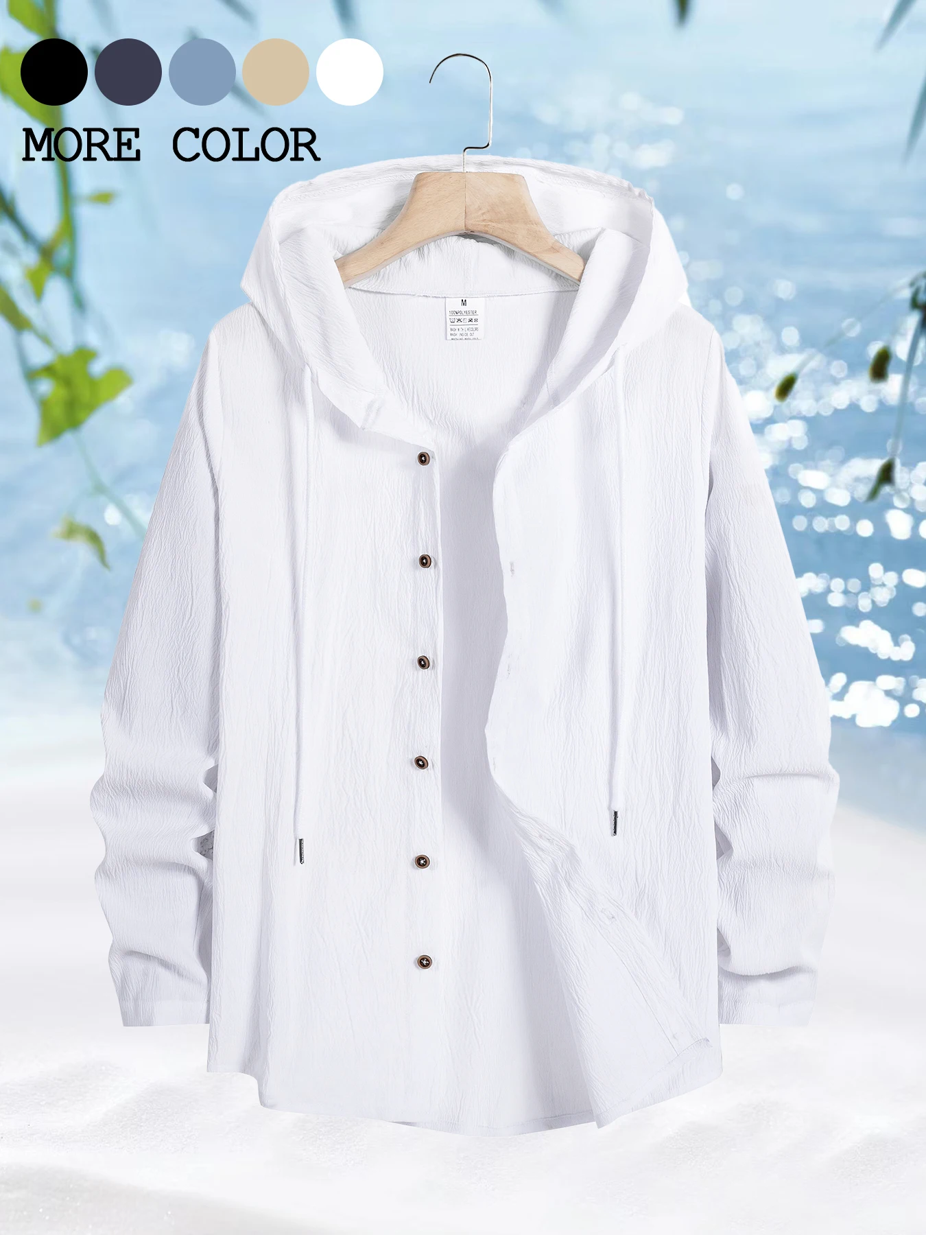Spring Summer Men's Beach Shirt Large Size Loose Hooded Shirt Solid Color Casual Daily Clothing Men Cardigan Tops Streetwear