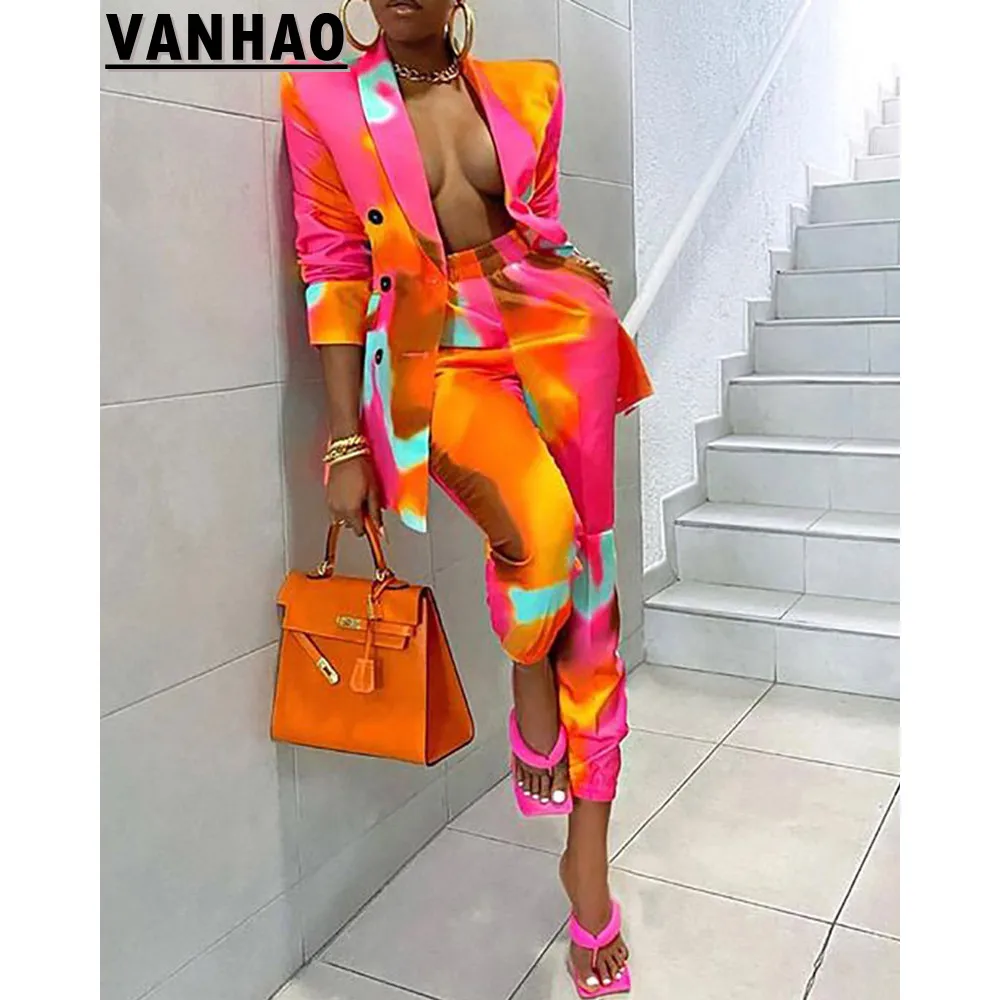 VANHAO 2022 Winter Fall Fashion Print Women Clothing 2 Piece Pant Set Formal Classy Lady Business Suits Wholesale Dropshipping