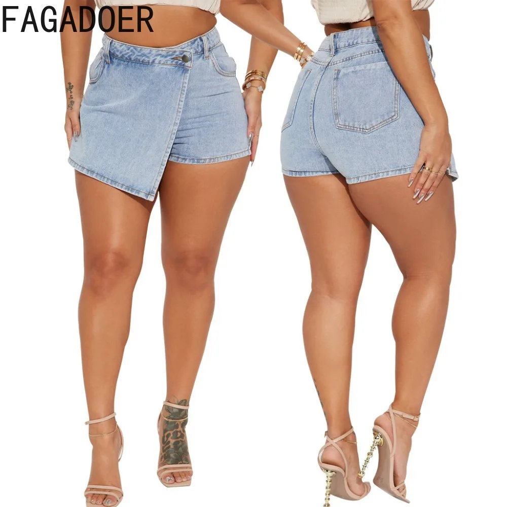 

FAGADOER Blue Fashion Irregular Design Denim Shorts Women High Waist Button Stretchy Jean Casual Female Cowboy Clothing Bottoms