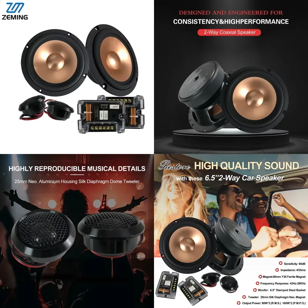 

Zeming 6.5 Inch 2-way Car Component Speaker Professional Powered Active Car Full Range Speakers with Tweeter