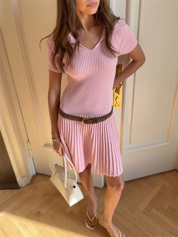 Tossy Fashion Knit Ribbed Mini Dress Women's Lapel Slim High Waist Commute Elegant Party Dress Female Knitwear Bodycon Dress New