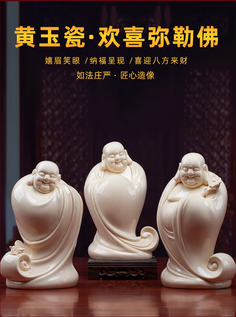 A set 3p high grade Ceramics Maitreya Happy Buddha statue Asia Home store company Shrine GOOD LUCK RUYI God of wealth Sculpture