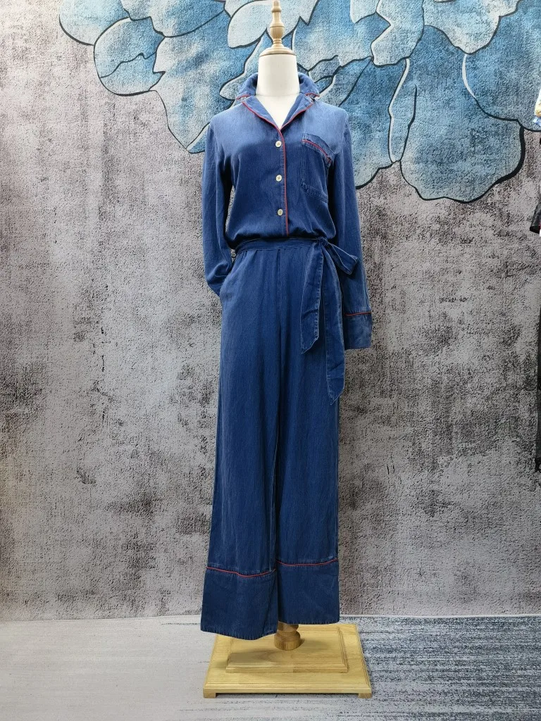 

TIYIHAILEY Free Shipping Denim Bib Pants Straight Jumpsuit For Tall Women S-XL Full Sleeve Turn Down Collar Overalls Bandage