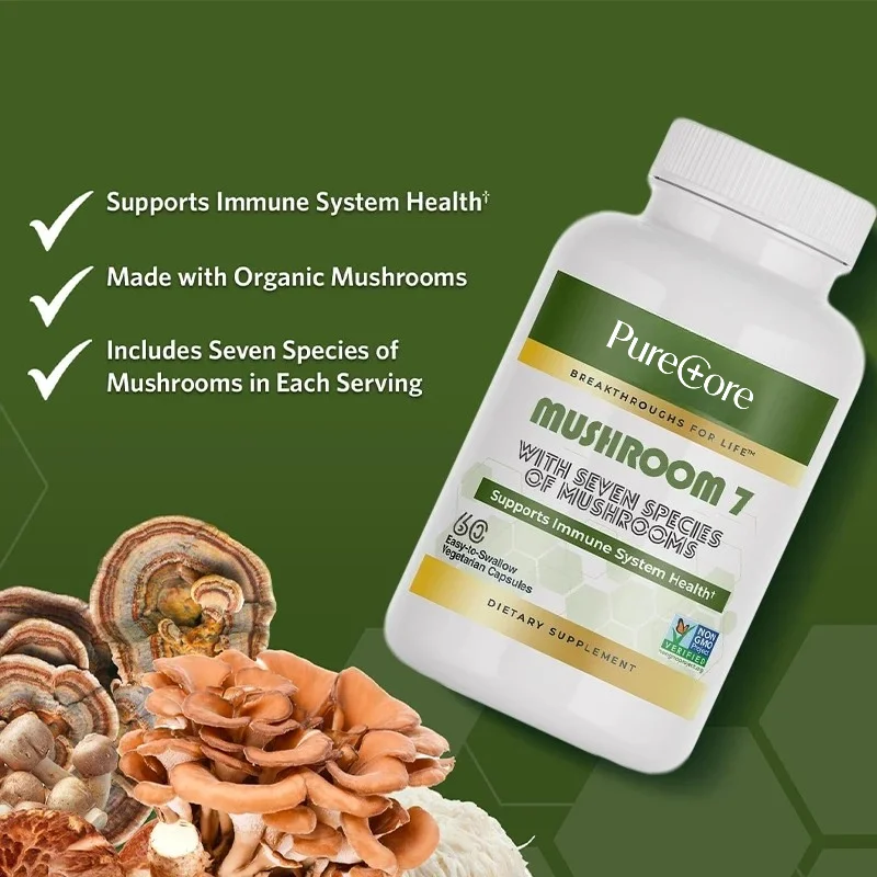 A High-quality Blend of 7 Types of Mushrooms, Grown on Organic Brown Rice, Benefits Cell Function, 60 Capsules