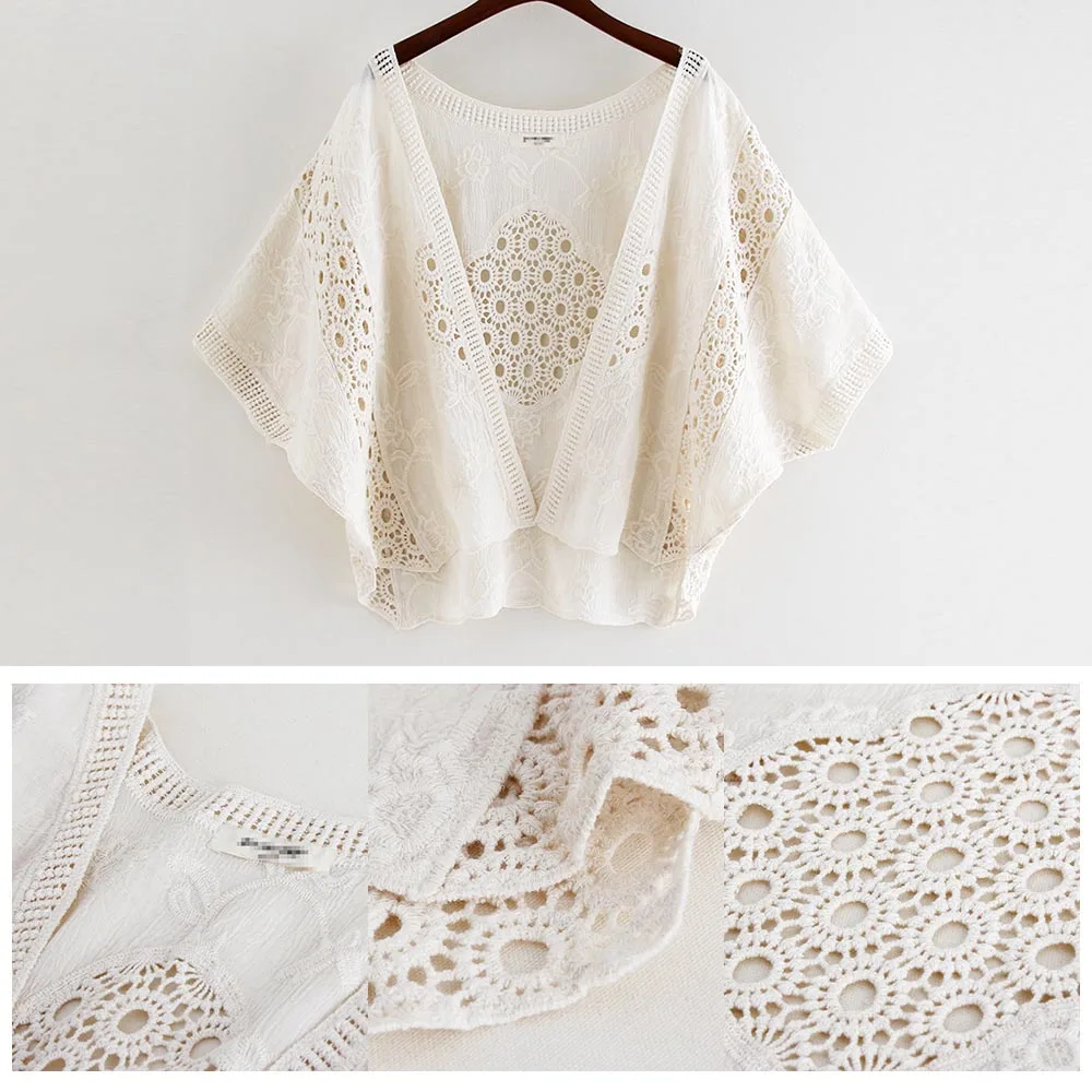 

Women's Crocheted Cover-ups Breathable Cut-Out Design Bat Sleeve Short Tops Solid Color Summer Shawl Cotton Made One Size